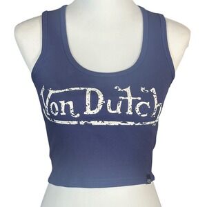 Von Dutch Tank Top NWT Women's S Navy Blue Ribbed Cropped Graphic Logo